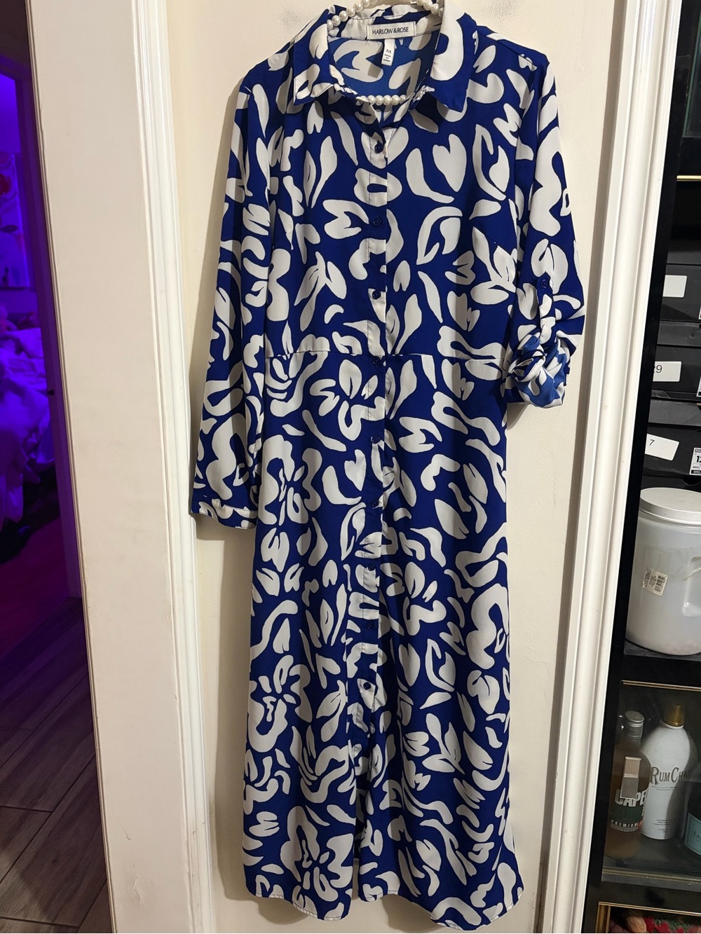 Blue and White Printed Button-Front Midi Dress